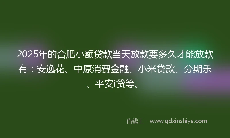 2025年的合肥小额贷款当天放款要多久才能放款有：安逸花、中原消费金融、小米贷款、分期乐、平安i贷等。