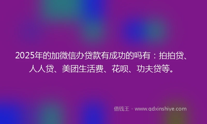2025年的加微信办贷款有成功的吗有：拍拍贷、人人贷、美团生活费、花呗、功夫贷等。