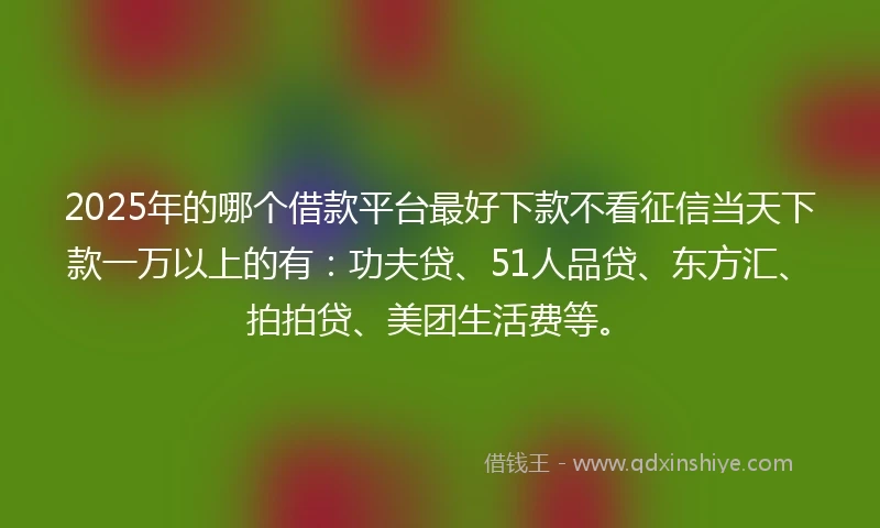 2025年的哪个借款平台最好下款不看征信当天下款一万以上的有：功夫贷、51人品贷、东方汇、拍拍贷、美团生活费等。