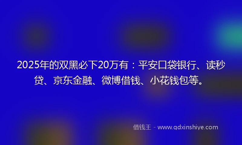2025年的双黑必下20万有：平安口袋银行、读秒贷、京东金融、微博借钱、小花钱包等。
