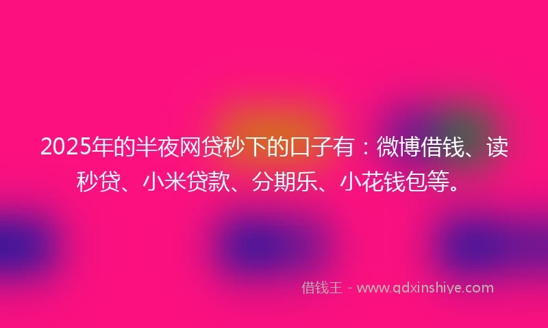 2025年的半夜网贷秒下的口子有：微博借钱、读秒贷、小米贷款、分期乐、小花钱包等。