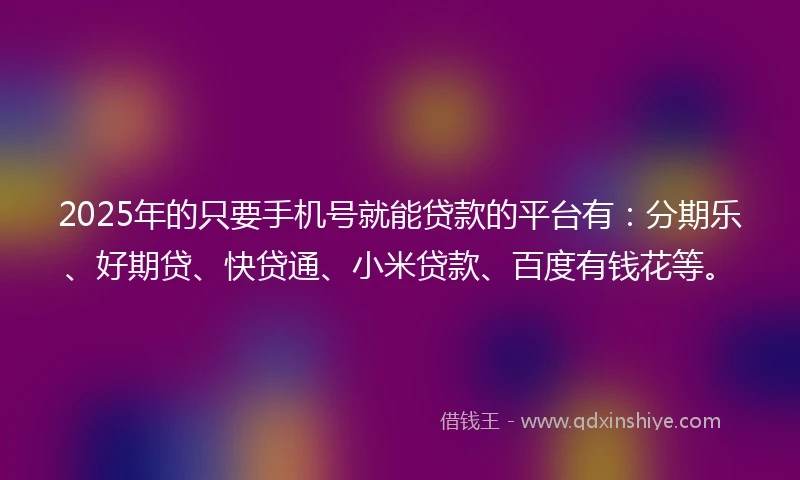 2025年的只要手机号就能贷款的平台有：分期乐、好期贷、快贷通、小米贷款、百度有钱花等。