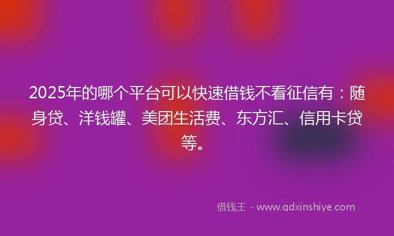 2025年的哪个平台可以快速借钱不看征信有：随身贷、洋钱罐、美团生活费、东方汇、信用卡贷等。