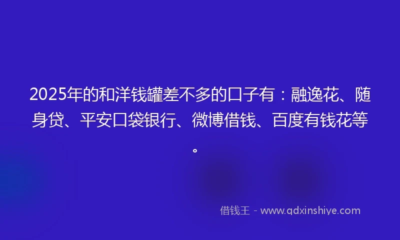 2025年的和洋钱罐差不多的口子有：融逸花、随身贷、平安口袋银行、微博借钱、百度有钱花等。