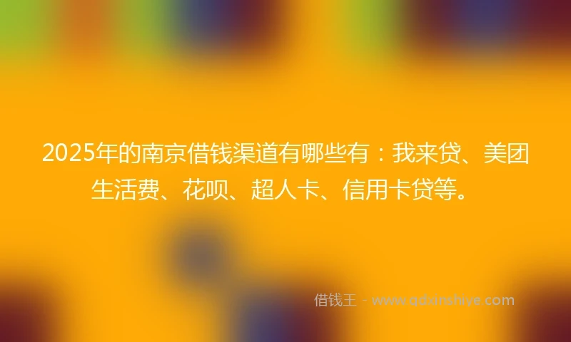 2025年的南京借钱渠道有哪些有：我来贷、美团生活费、花呗、超人卡、信用卡贷等。