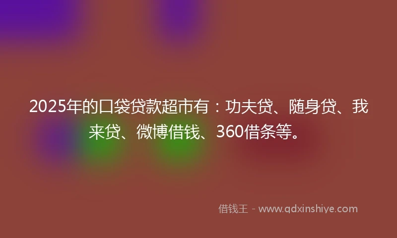 2025年的口袋贷款超市有：功夫贷、随身贷、我来贷、微博借钱、360借条等。
