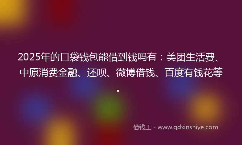 2025年的口袋钱包能借到钱吗有:美团生活费、中原消费金融、还呗、微博借钱、百度有钱花等。