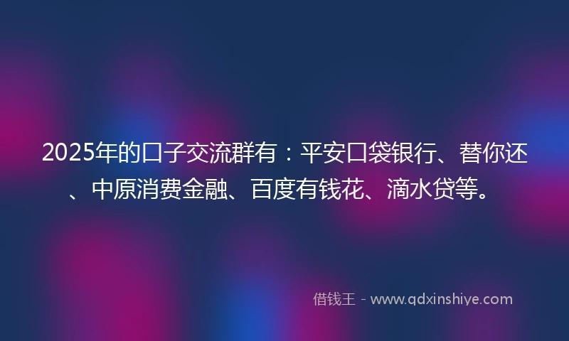 2025年的口子交流群有：平安口袋银行、替你还、中原消费金融、百度有钱花、滴水贷等。
