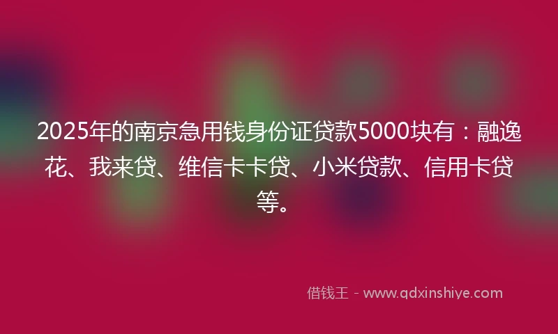 2025年的南京急用钱身份证贷款5000块有：融逸花、我来贷、维信卡卡贷、小米贷款、信用卡贷等。