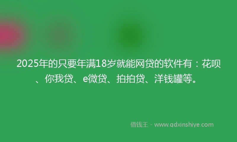 2025年的只要年满18岁就能网贷的软件有：花呗、你我贷、e微贷、拍拍贷、洋钱罐等。