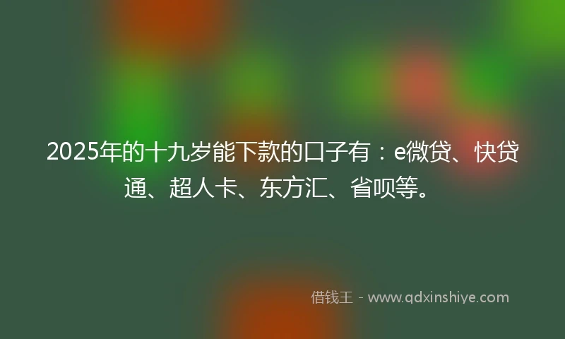 2025年的十九岁能下款的口子有：e微贷、快贷通、超人卡、东方汇、省呗等。