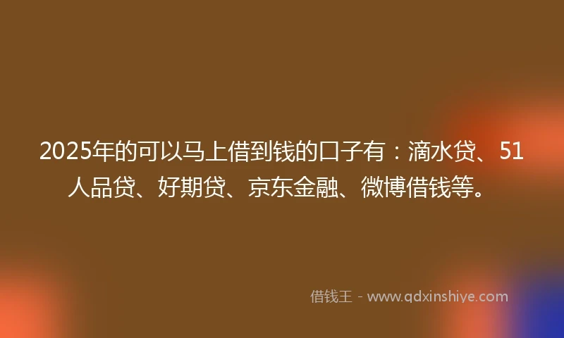 2025年的可以马上借到钱的口子有:滴水贷、51人品贷、好期贷、京东金融、微博借钱等。
