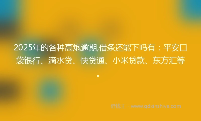 2025年的各种高炮逾期,借条还能下吗有：平安口袋银行、滴水贷、快贷通、小米贷款、东方汇等。