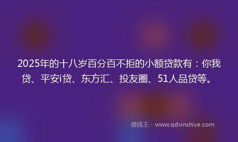 2025年的十八岁百分百不拒的小额贷款有：你我贷、平安i贷、东方汇、投友圈、51人品贷等。