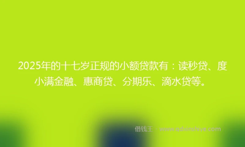 2025年的十七岁正规的小额贷款有：读秒贷、度小满金融、惠商贷、分期乐、滴水贷等。