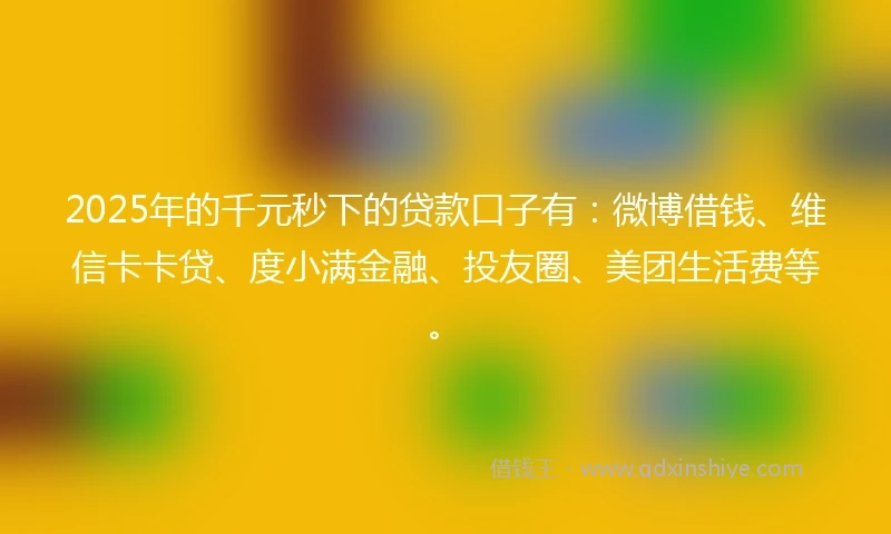 2025年的千元秒下的贷款口子有：微博借钱、维信卡卡贷、度小满金融、投友圈、美团生活费等。