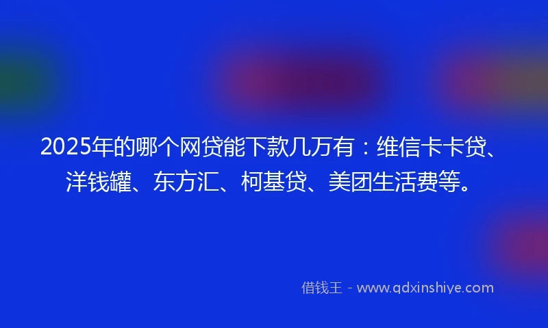 2025年的哪个网贷能下款几万有：维信卡卡贷、洋钱罐、东方汇、柯基贷、美团生活费等。