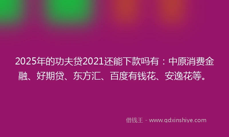 2025年的功夫贷2021还能下款吗有：中原消费金融、好期贷、东方汇、百度有钱花、安逸花等。