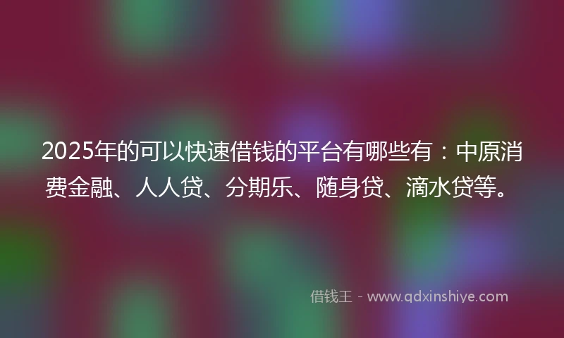 2025年的可以快速借钱的平台有哪些有：中原消费金融、人人贷、分期乐、随身贷、滴水贷等。