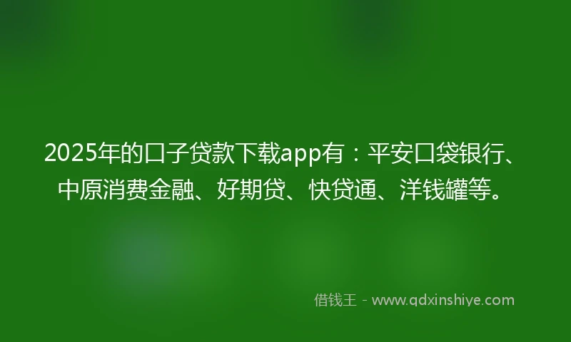 2025年的口子贷款下载app有：平安口袋银行、中原消费金融、好期贷、快贷通、洋钱罐等。