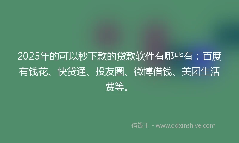 2025年的可以秒下款的贷款软件有哪些有:百度有钱花、快贷通、投友圈、微博借钱、美团生活费等。