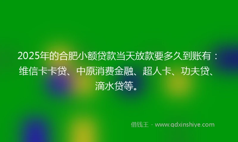 2025年的合肥小额贷款当天放款要多久到账有：维信卡卡贷、中原消费金融、超人卡、功夫贷、滴水贷等。