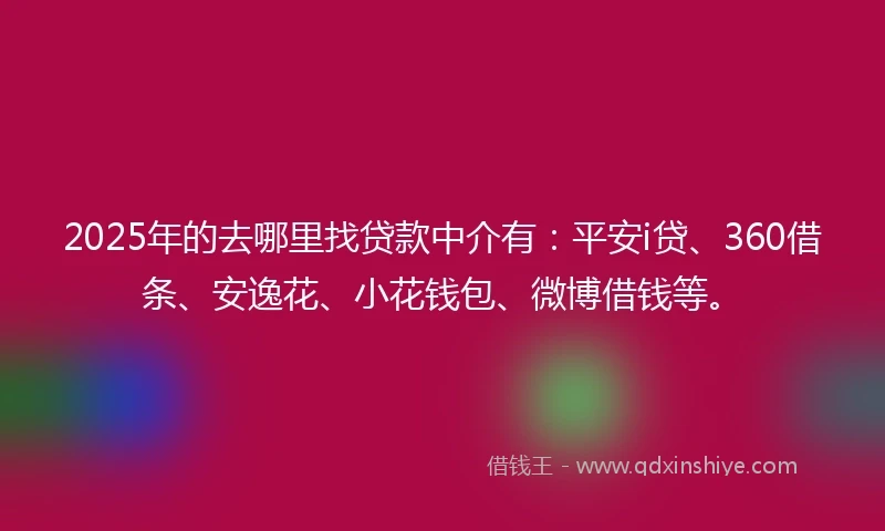 2025年的去哪里找贷款中介有：平安i贷、360借条、安逸花、小花钱包、微博借钱等。