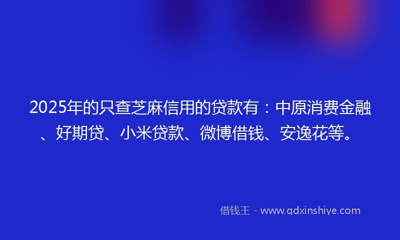 2025年的只查芝麻信用的贷款有：中原消费金融、好期贷、小米贷款、微博借钱、安逸花等。