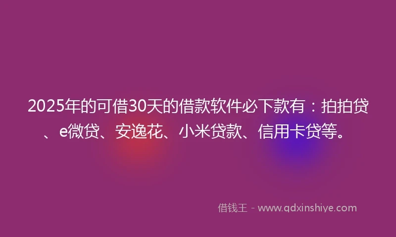 2025年的可借30天的借款软件必下款有：拍拍贷、e微贷、安逸花、小米贷款、信用卡贷等。