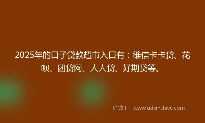 2025年的口子贷款超市入口有：维信卡卡贷、花呗、团贷网、人人贷、好期贷等。