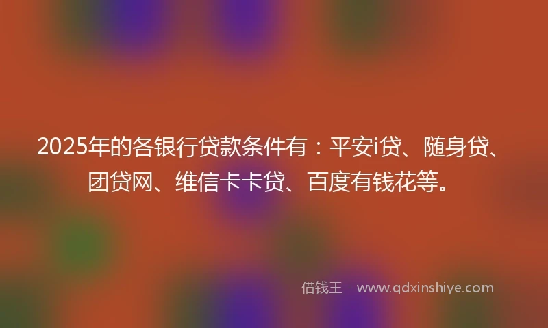 2025年的各银行贷款条件有：平安i贷、随身贷、团贷网、维信卡卡贷、百度有钱花等。