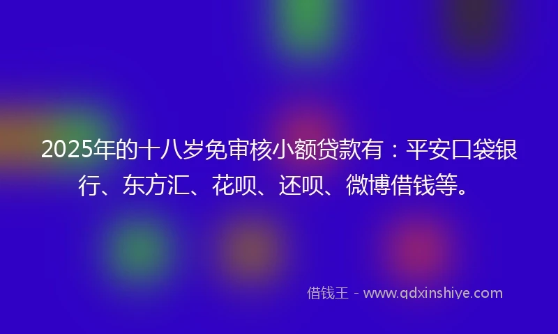2025年的十八岁免审核小额贷款有：平安口袋银行、东方汇、花呗、还呗、微博借钱等。