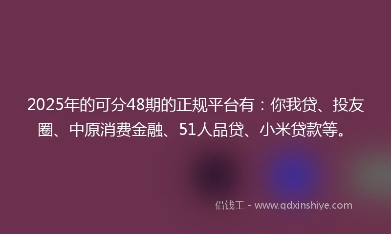 2025年的可分48期的正规平台有：你我贷、投友圈、中原消费金融、51人品贷、小米贷款等。