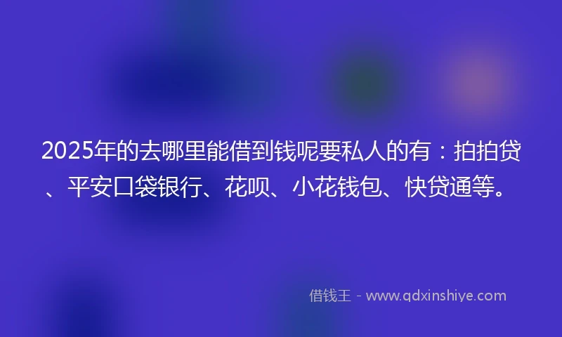 2025年的去哪里能借到钱呢要私人的有：拍拍贷、平安口袋银行、花呗、小花钱包、快贷通等。