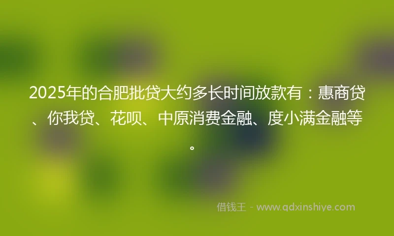2025年的合肥批贷大约多长时间放款有：惠商贷、你我贷、花呗、中原消费金融、度小满金融等。