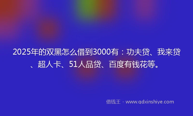 2025年的双黑怎么借到3000有：功夫贷、我来贷、超人卡、51人品贷、百度有钱花等。