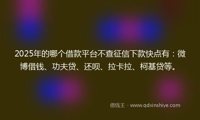 2025年的哪个借款平台不查征信下款快点有：微博借钱、功夫贷、还呗、拉卡拉、柯基贷等。