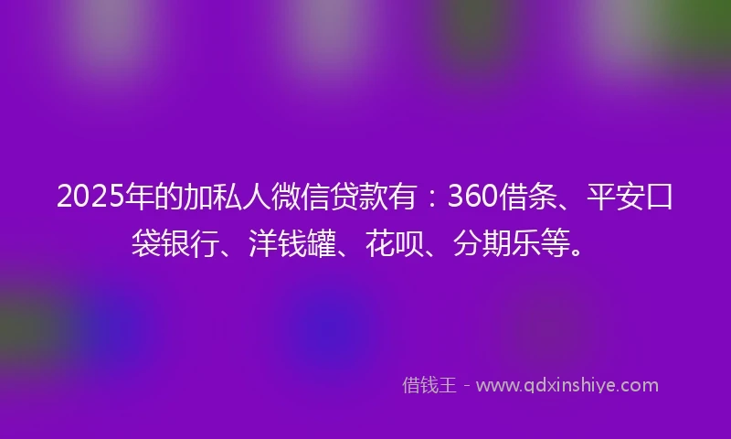2025年的加私人微信贷款有：360借条、平安口袋银行、洋钱罐、花呗、分期乐等。