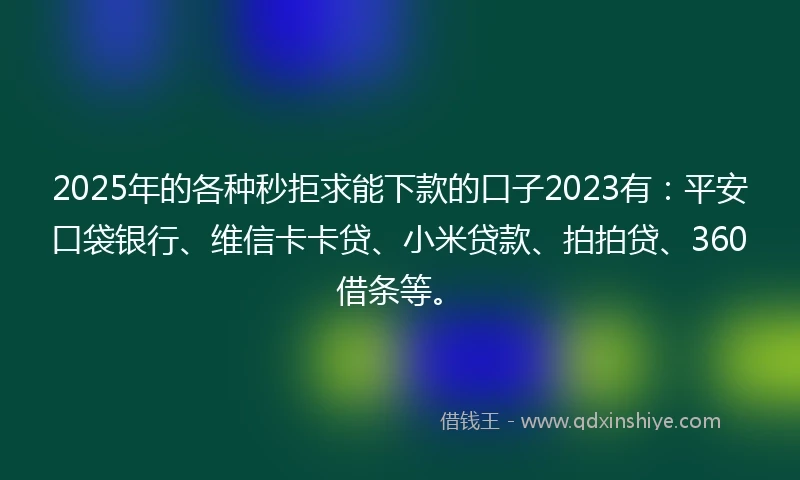 2025年的各种秒拒求能下款的口子2023有:平安口袋银行、维信卡卡贷、小米贷款、拍拍贷、360借条等。