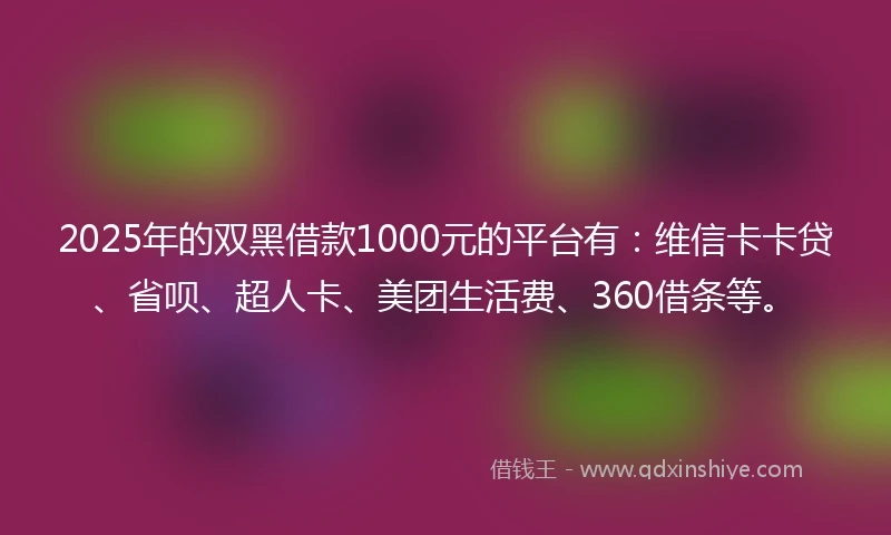 2025年的双黑借款1000元的平台有：维信卡卡贷、省呗、超人卡、美团生活费、360借条等。