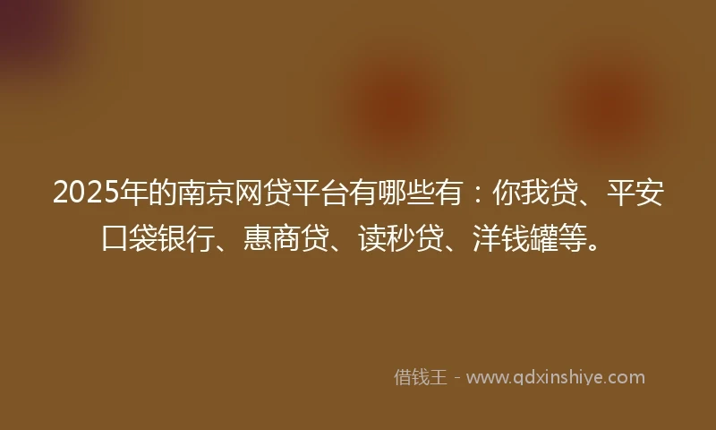 2025年的南京网贷平台有哪些有：你我贷、平安口袋银行、惠商贷、读秒贷、洋钱罐等。