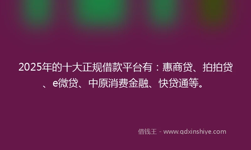 2025年的十大正规借款平台有:惠商贷、拍拍贷、e微贷、中原消费金融、快贷通等。
