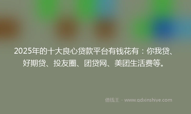 2025年的十大良心贷款平台有钱花有：你我贷、好期贷、投友圈、团贷网、美团生活费等。