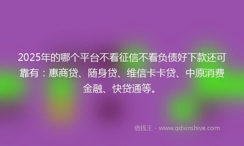 2025年的哪个平台不看征信不看负债好下款还可靠有：惠商贷、随身贷、维信卡卡贷、中原消费金融、快贷通等。