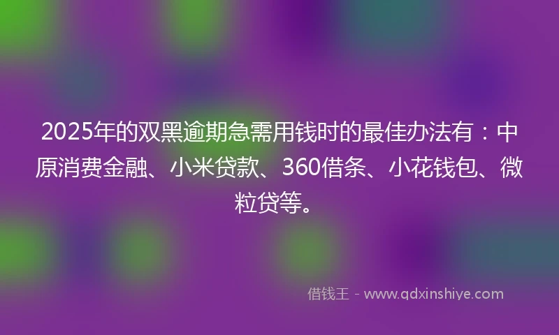 2025年的双黑逾期急需用钱时的最佳办法有：中原消费金融、小米贷款、360借条、小花钱包、微粒贷等。