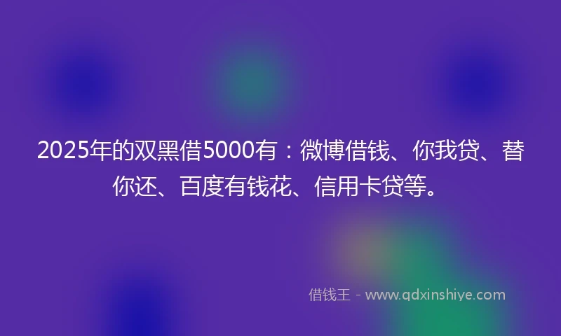 2025年的双黑借5000有：微博借钱、你我贷、替你还、百度有钱花、信用卡贷等。