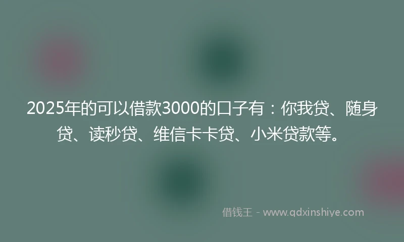 2025年的可以借款3000的口子有：你我贷、随身贷、读秒贷、维信卡卡贷、小米贷款等。