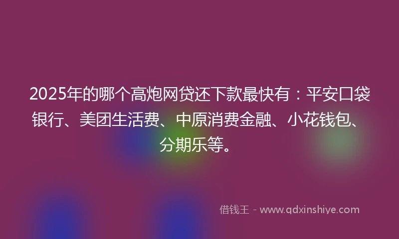 2025年的哪个高炮网贷还下款最快有：平安口袋银行、美团生活费、中原消费金融、小花钱包、分期乐等。