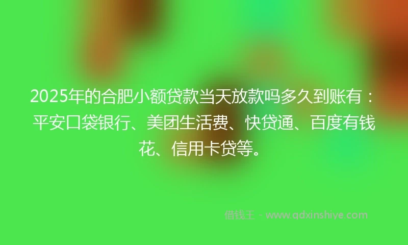 2025年的合肥小额贷款当天放款吗多久到账有：平安口袋银行、美团生活费、快贷通、百度有钱花、信用卡贷等。