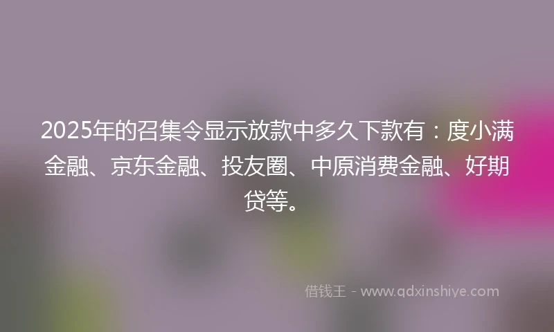 2025年的召集令显示放款中多久下款有：度小满金融、京东金融、投友圈、中原消费金融、好期贷等。